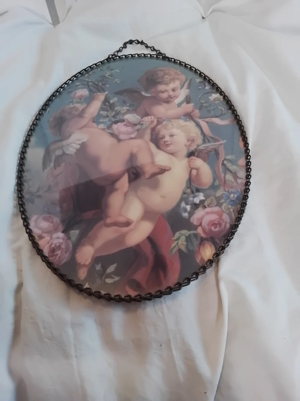 Crescent Cherub Oval Wall Plaque in Blue and Pink